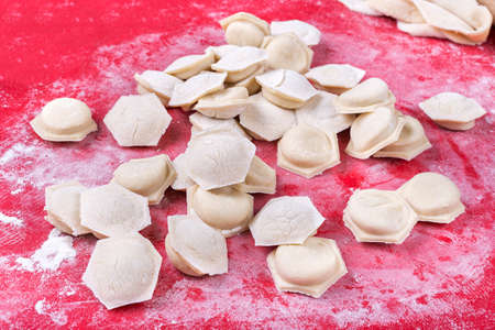 raw homemade dumplings with minced pork on the red surface.の写真素材