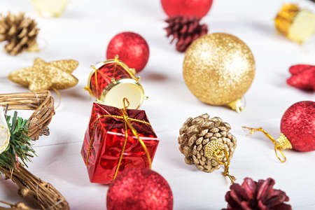 background for a Christmas card, a set of Christmas toys on the Christmas tree.の写真素材