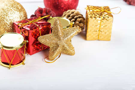 Christmas toys background for a Christmas card, Christmas wallpapers, white backgroundの写真素材