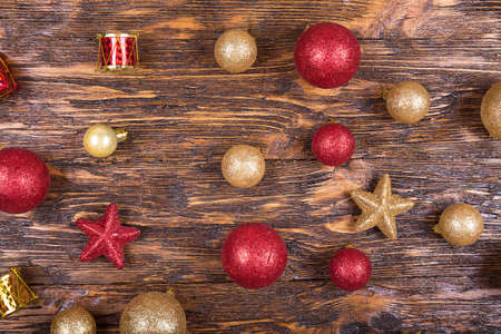 bright Christmas toy on a wooden background. Christmas and New Year, Christmas tree decoration.の写真素材
