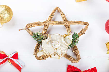 background for a Christmas card, a lot of Christmas toys on a table, Christmas mood, decorations for Christmas treesの写真素材