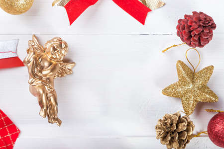 background for a Christmas card, a lot of Christmas toys on a table, Christmas mood, decorations for Christmas treesの写真素材