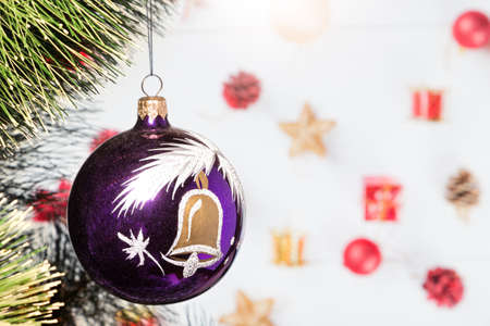 Christmas toy ball on a Christmas tree, a meeting of the new year. space for text.の写真素材