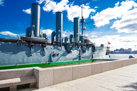 cruiser Aurora on the Neva River in St. Petersburg, 24.09.2016 Russiaのeditorial素材