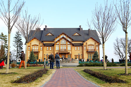 Kiev, Ukraine. Wooden Honka, the former residence of the President of Ukraine Viktor Yanukovych in Mezhyhiria. February 24, 2014のeditorial素材