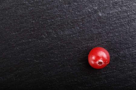 One berry cranberry on a black slate background, close-up