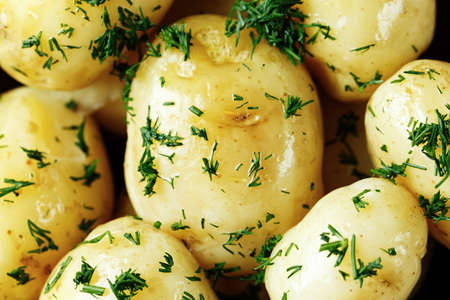 Cooked young potatoes sprinkled with chopped dill, close-upの写真素材