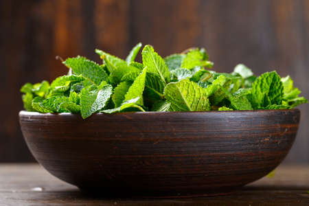 Fresh mint ripped off, in a clay brown plate, fragrant cooking herbsの写真素材