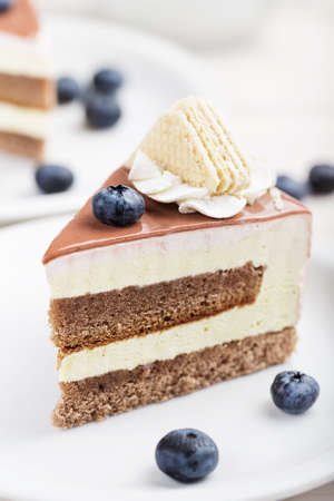 Cake with cream close-up, on the cake decoration of blueberries, blueberry scattered next on a white tableclothの写真素材