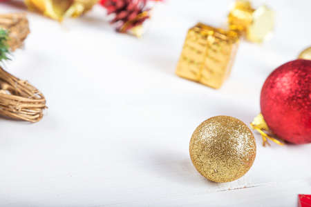 background for a Christmas card, a lot of Christmas toys on a table, Christmas mood, decorations for Christmas treesの写真素材