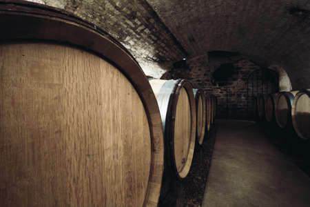 Barrels of wine in a wine cellar, an ancient wine cellar with vaulted brick ceilings, winemaking, space for text, close-upの写真素材