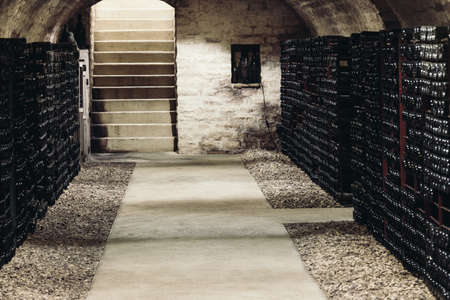 Old wine cellar, along the walls there are shelves with many bottles of wineの写真素材