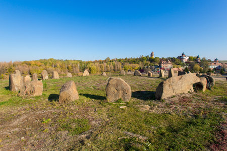 stones laid out in a circle, in a landscape park in the village of Buki, Ukraine October 11, 2014のeditorial素材