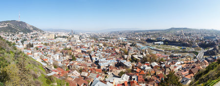 Tbilisi, old part of town with cobbled pavement and antique buildings. Panorama view.April 17, 2015のeditorial素材