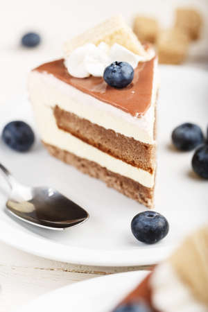 Cake with cream close-up, on the cake decoration of blueberries, blueberry scattered next on a white...