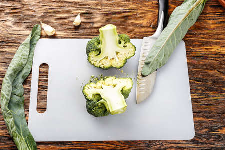 fresh broccoli on a cutting tableの写真素材
