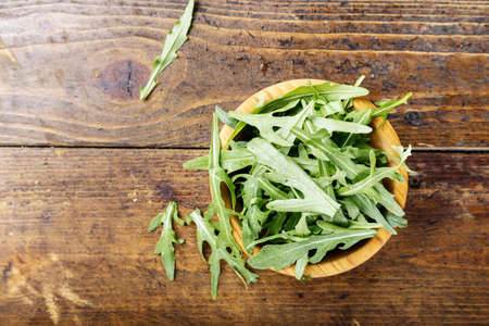 Fresh arugula leaves, rucola.space for text. top viewの写真素材