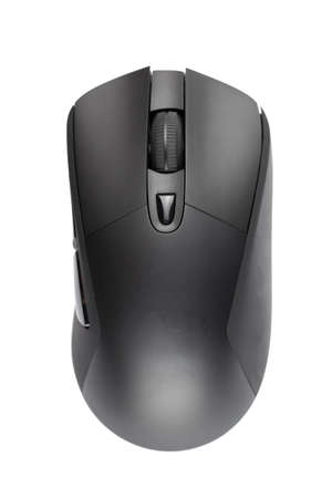 black wireless mouse isolated on white backgroundの写真素材