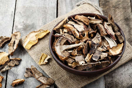 dried mushrooms boletus sliced, on a plate, on an old wooden background
の写真素材