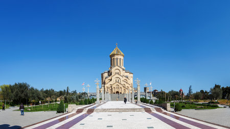 panorama of the facade of the Holy Trinity Cathedral in Tbilisi, April 17, 2015
