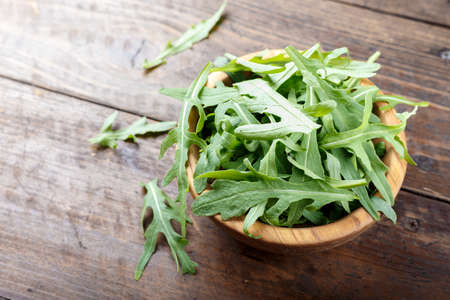 Fresh arugula leaves rucola, fresh rucola  in a plate, space for text.の写真素材