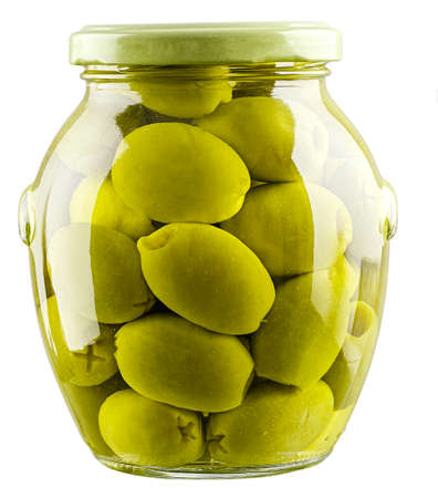 green olives in jar isolated on white backgroundの写真素材