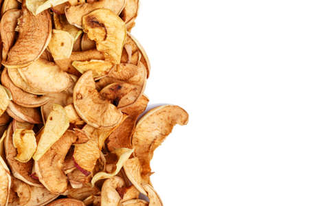 dried fruits scattered on white background, isolated, space for textの写真素材