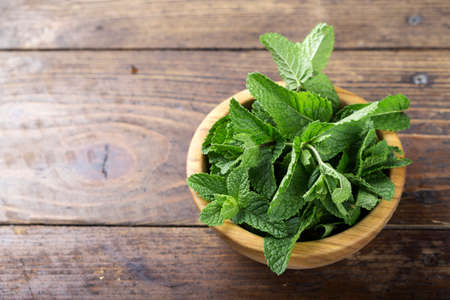 Mint in a wooden plate on a wooden background. place for textの写真素材