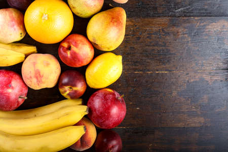 different fruits background. set of sweet fruits, space for textの写真素材
