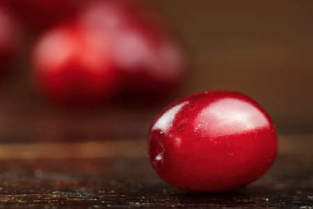 a berry of a dogwood on a brown wooden background, close-up. space for textの写真素材