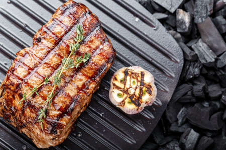 cooked steak on the grill surface on the coals. place for the text