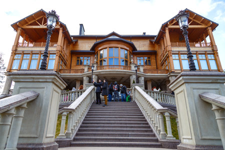 wooden house honka in the park Mezhyhirya. Residence of the former President of Ukraine. Ukraine, Kiev. February 24, 2014のeditorial素材