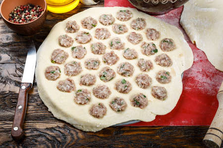 stuffing for homemade ravioli. preparation of dough with minced meat for cooking dumplings.の写真素材