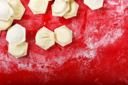 homemade ravioli on the table with flour. space for textの写真素材