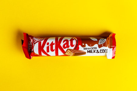 Ukraine, Kiev March 29, 2018.Kit Kat chocolate bar on white background. Bars Kit Kat is produced by...