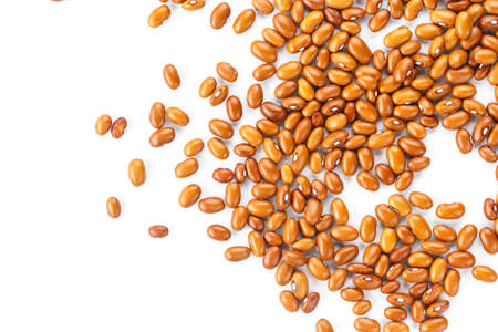 brown raw beans scattered on a white background. space for text