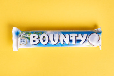 Ukraine, Kiev March 29, 2018. Bounty chocolate bar is a brand of American Mars, Inc.