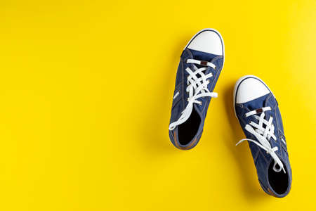 New blue men's sneakers on a bright background. place for text. view from above