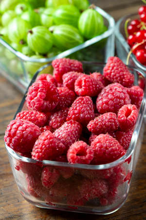 different summer berries in glass trays. sorted by type. superfoods from the garden