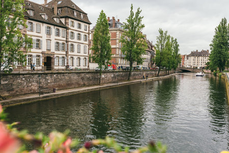Strasbourg, France - July 26, 2017. Old medieval houses over the canal with a bridge in Strasbourgのeditorial素材