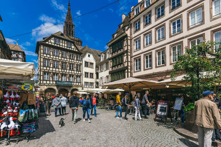 Strasbourg, France - July 26, 2017. Old street in Strasbourg. Active tourist places for hikingのeditorial素材