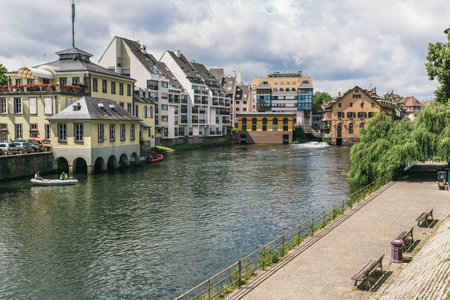 Strasbourg, France - July 26, 2017. Old medieval houses over the canal with a bridge in Strasbourgのeditorial素材