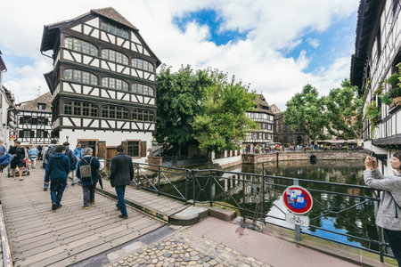 Strasbourg, France - July 26, 2017. Old street in Strasbourg with medieval houses in typical German styleのeditorial素材