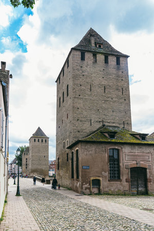 Strasbourg, France - July 26, 2017. Old medieval tower in Strasbourg, remains of fortificationのeditorial素材