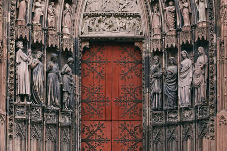 The entrance to the grand cathedral in Strasbourg, the main religious landmark of the city. The...