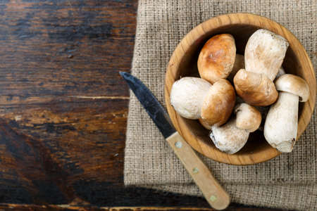 uncooked boletus mushrooms in a plate on a brown wooden background. the plate is on a napkin of burlap, the knife is nextの写真素材