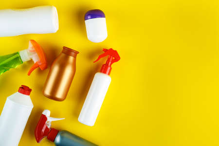 many different detergents set on a bright background. place for text. view from aboveの写真素材