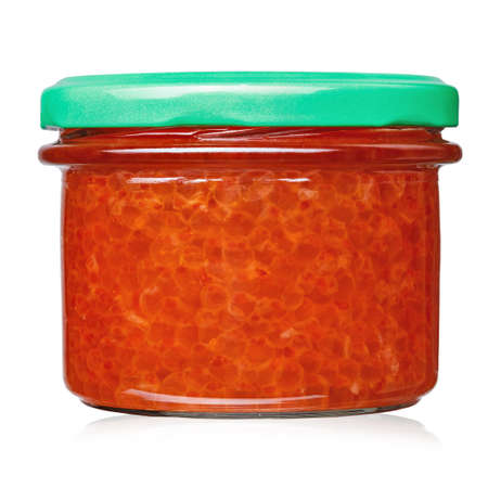Â  jar with red caviar on a white background, isolated. file contains clipping pathの写真素材