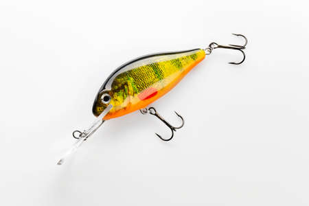 Kiev, Ukraine- November 10, 2019. Fishing bait tackle and baubles for fishing on a white background, wobbler.の写真素材