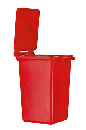 open red trash bin isolated on a white background.の写真素材